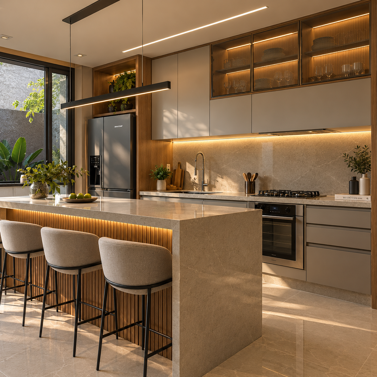 Render fotorrealista da mesma cozinha criado com IA